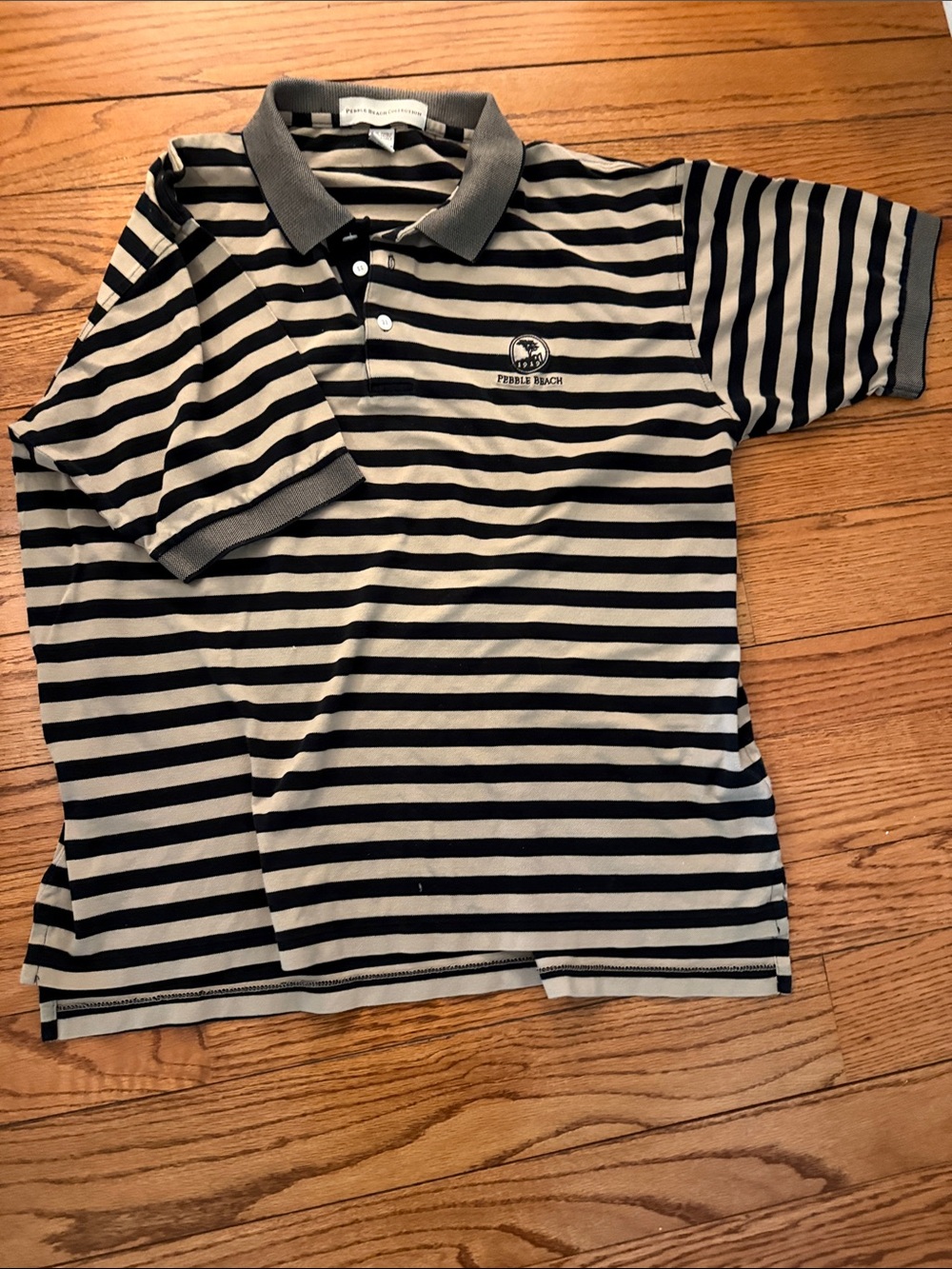 Pebble Beach Collection Black and Taupe Striped Men’s Golf Polo Shirt. Size L.